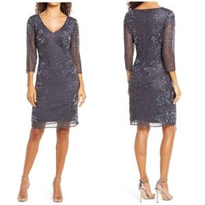 New Pisarro Nights Beaded V neck Cocktail Dress 3/4 Sleeve Knee Length Blue 16